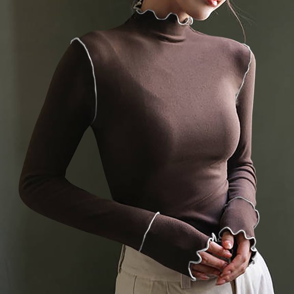 Charella Women's Turtleneck Knitted Basic Shirt Casual Long Sleeve Slim Fitted Tops Coffee,4