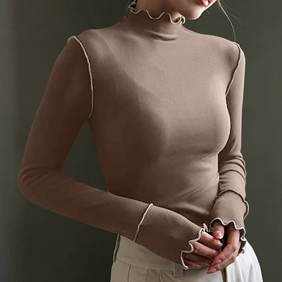 Charella Women's Turtleneck Knitted Basic Shirt Casual Long Sleeve Slim Fitted Tops Khaki,4
