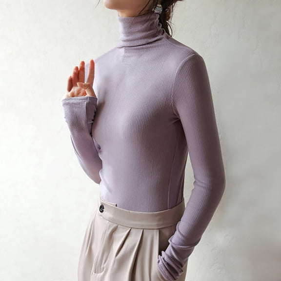 Charella Women's Turtleneck Knitted Basic Shirt Casual Long Sleeve Slim Fitted Tops Purple,10