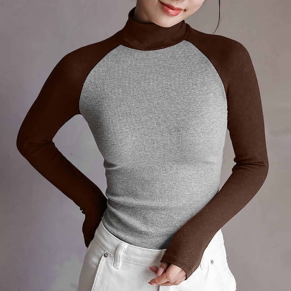 Charella Women's Turtleneck Knitted Basic Shirt Patchwork Long Sleeve Slim Fitted Tops Coffee,6