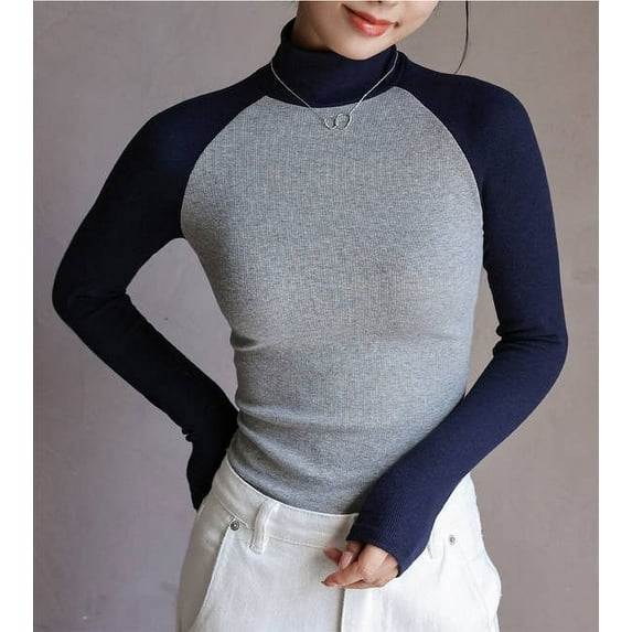 Charella Women's Turtleneck Knitted Basic Shirt Patchwork Long Sleeve Slim Fitted Tops Navy,10