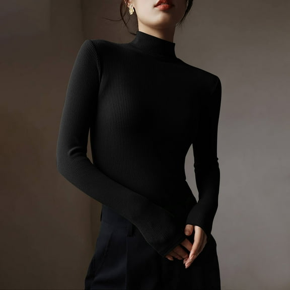 Charella Women's Turtleneck Slim Fitted Basic Shirt Casual Knitted Long Sleeve Tee Tops Black,8