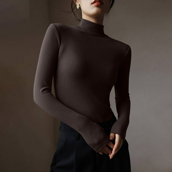 Charella Women's Turtleneck Slim Fitted Basic Shirt Casual Knitted Long Sleeve Tee Tops Gray,10