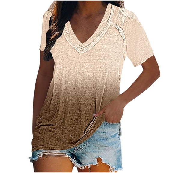 Charella Women's V Neck Shirts Gradient Color Short Sleeve Tops Pleated Basic Tee Casual Loose Fit Soft Comfy Clothes (L, Multicolor 3)