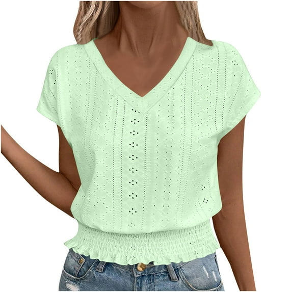 Charella Women's V Neck Tops Eyelet Elastic Waist Short Sleeve Tunic Basic Tee Casual Loose Fit Shirts Comfy Clothes (L, Green)