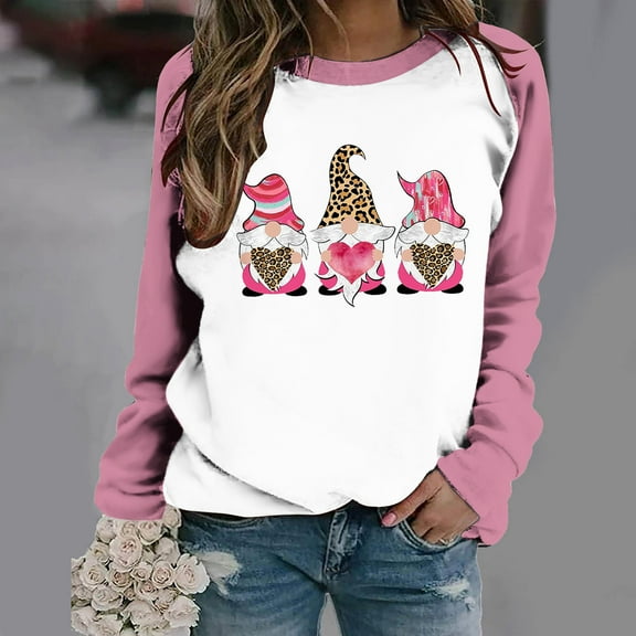 Charella Women's Valentine's Day Printed Shirt Casual Long Sleeves Blouse Round Neck Pullover Tops Pink,6