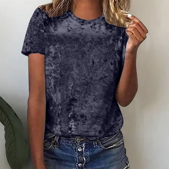 Charella Women's Vintage Velvet T-Shirt Casual Short Sleeve Tops Navy,8
