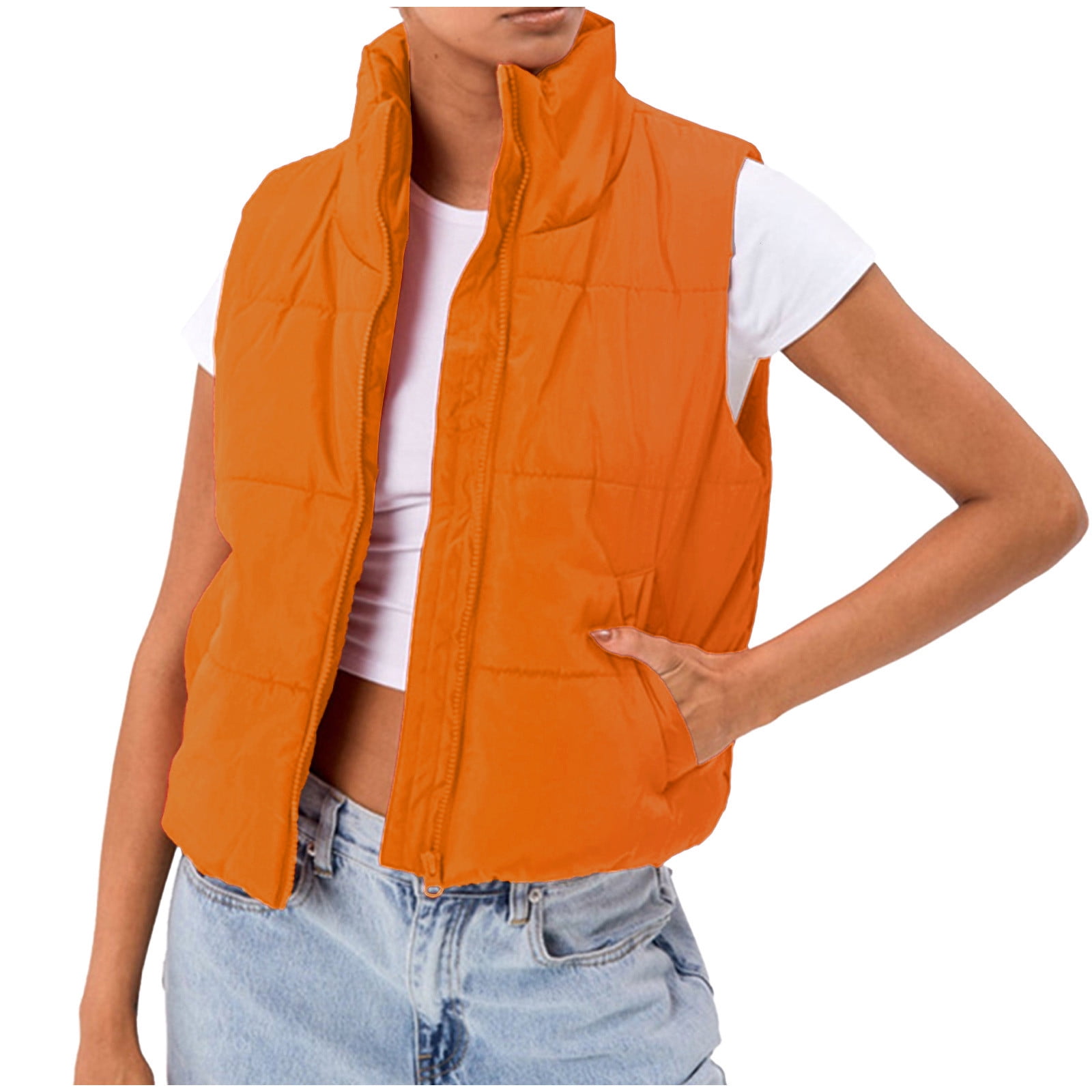 Charella Womens Cropped Puffer Vest Zip Up Stand Collar Sleeveless