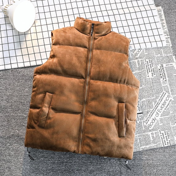 Charella Womens Cropped Sleeveless Puffer Vest Zip Up Stand Collar Padded Gilet Soft Warm Coat with Pockets Brown,L