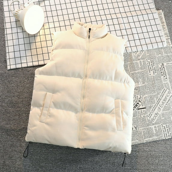 Charella Womens Cropped Sleeveless Puffer Vest Zip Up Stand Collar Padded Gilet Soft Warm Coat with Pockets White,L