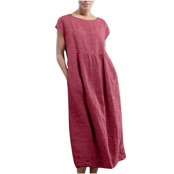 Charella Womens Fashion Solid Sleeveless Round-neck Retro Cotton Linen Long Dress Wine,XL