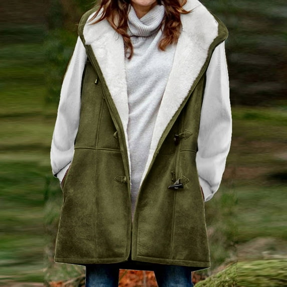Charella Womens Fleece Vest Button Down Sleeveless Jacket Lightweight Hooded Coat Cardigan Outerwear with Pockets Army Green,L