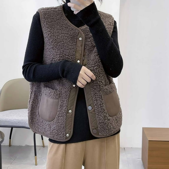 Charella Womens Fleece Vest Casual Cropped Warm Button Down Sherpa Vest Jacket with Pockets Coffee,L
