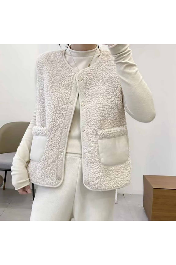 Womens Fleece Vest Casual Cropped Warm Button Down Sherpa Vest Jacket with Pockets White,XL