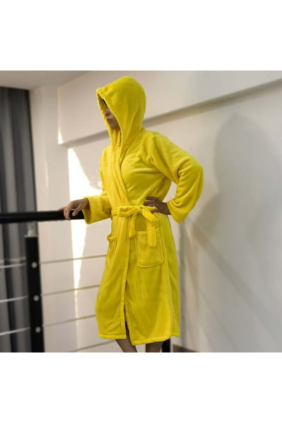 Womens Hooded Fleece Robe, Soft Plush Bathrobe, Fluffy Long Warm Lounge Robe Sleepwear with Pockets Yellow,XL