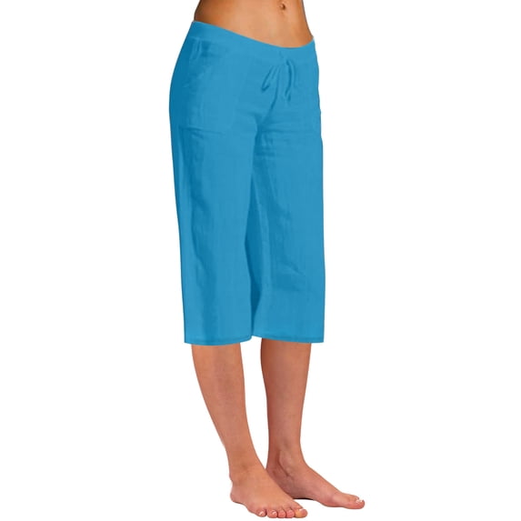 Charella Womens Linen Capri Pants Lightweight Straight Leg Drawstring Elastic Waist Trousers with Pockets (L, Blue)
