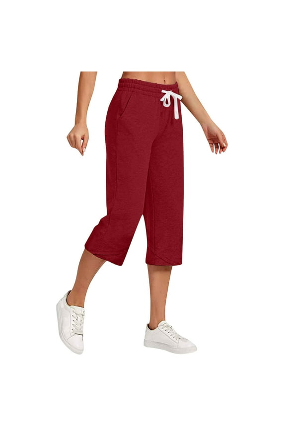 Womens Linen Capri Pants Lightweight Straight Leg Drawstring Trousers with Pockets Breathable Pants (2XL, Red)