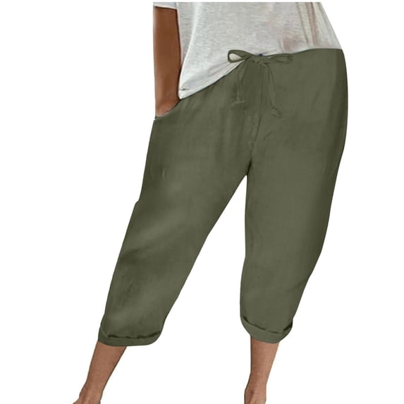 Charella Womens Linen Capri Pants Straight Leg Drawstring Elastic Waist Casual Trousers with Pockets (S, Green)