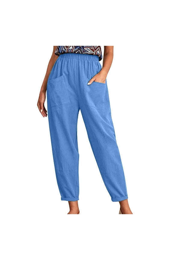 Womens Linen Cropped Pants Straight Leg Elastic Waist Casual Comfy Trousers Solid Color Pants (L, Sky Blue)