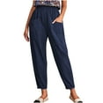 thumbnail image 1 of Charella Womens Linen Cropped Pants Straight Leg Elastic Waist Trousers with Large Pockets Plus Size S-5xl (S, Navy), 1 of 8