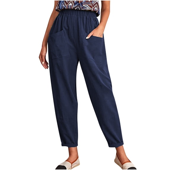 Charella Womens Linen Cropped Pants Straight Leg Elastic Waist Trousers with Large Pockets Plus Size S-5xl (S, Navy)