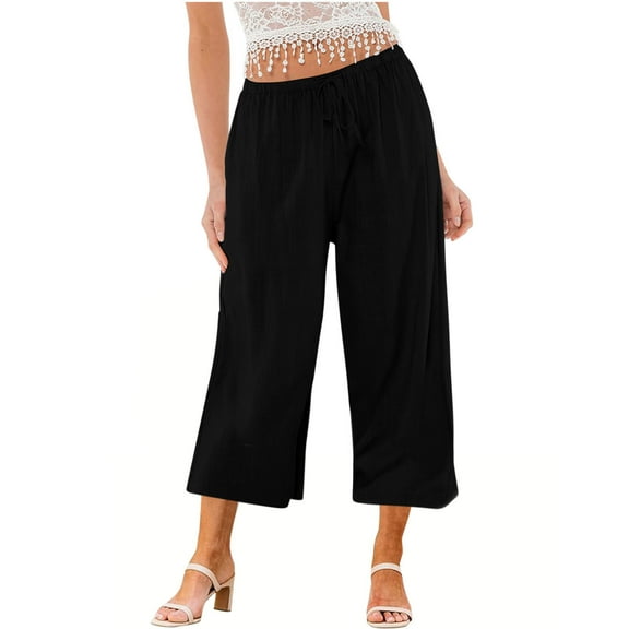 Charella Womens Linen Cropped Pants Wide Leg Drawstring Elastic Waist Casual Loose Trousers with Pockets (2XL, Black)