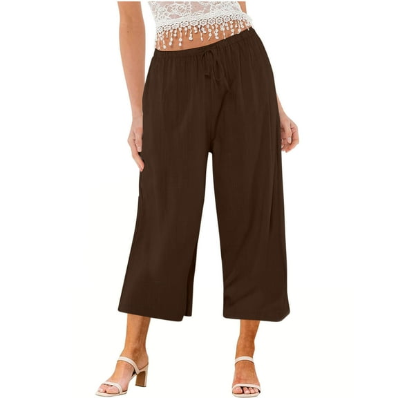 Charella Womens Linen Cropped Pants Wide Leg Drawstring Elastic Waist Casual Loose Trousers with Pockets (2XL, Brown)