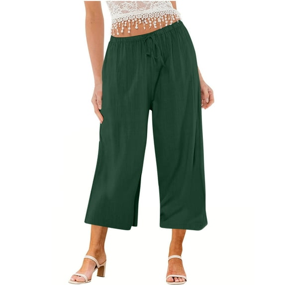 Charella Womens Linen Cropped Pants Wide Leg Drawstring Elastic Waist Casual Loose Trousers with Pockets (L, Green)