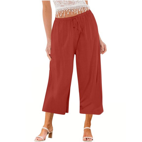 Charella Womens Linen Cropped Pants Wide Leg Drawstring Elastic Waist Casual Loose Trousers with Pockets (L, Orange)