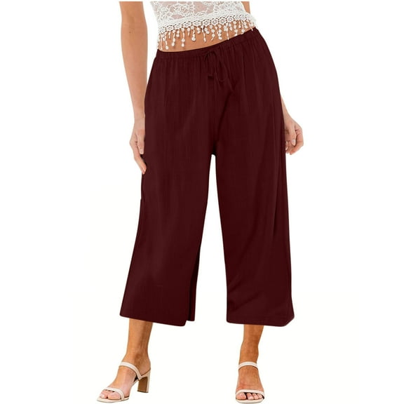 Charella Womens Linen Cropped Pants Wide Leg Drawstring Elastic Waist Casual Loose Trousers with Pockets (L, Wine)