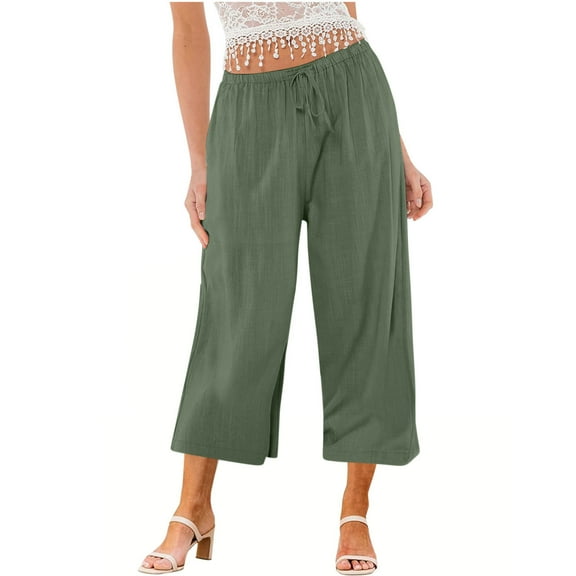 Charella Womens Linen Cropped Pants Wide Leg Drawstring Elastic Waist Casual Loose Trousers with Pockets (M, Army Green)