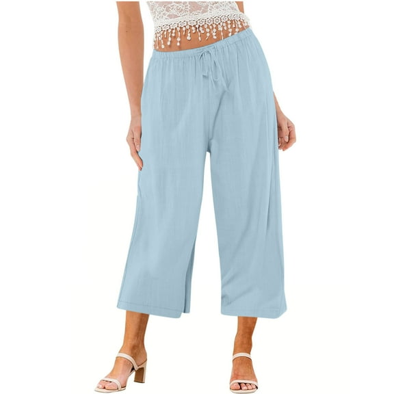 Charella Womens Linen Cropped Pants Wide Leg Drawstring Elastic Waist Casual Loose Trousers with Pockets (M, Light Blue)