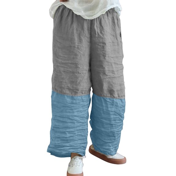 Charella Womens Linen Pants Color Block Pleated Wide Leg Elastic Waist Trousers Loose Lightweight Pants (2XL, Blue)