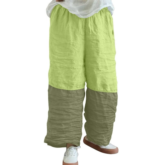Charella Womens Linen Pants Color Block Pleated Wide Leg Elastic Waist Trousers Loose Lightweight Pants (M, Green)