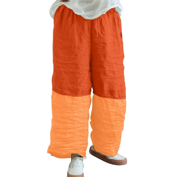 Charella Womens Linen Pants Color Block Pleated Wide Leg Elastic Waist Trousers Loose Lightweight Pants (XL, Yellow)