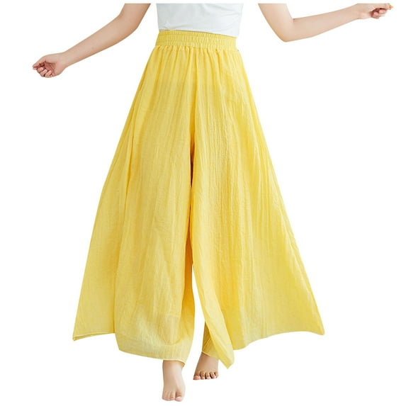 Charella Womens Linen Pants Lightweight Wide Leg Elastic Waist Casual Loose Comfy Trousers with Pockets (Free Size, Yellow)