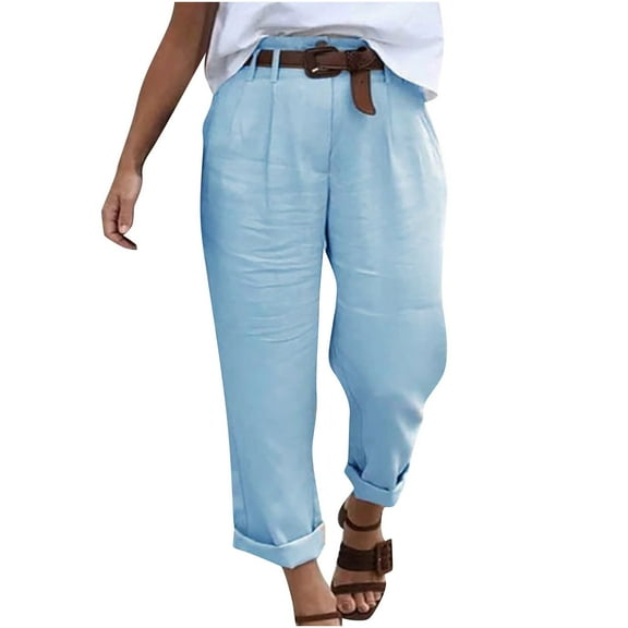 Charella Womens Linen Pants Straight Leg Button High Waist Trousers with Pockets Loose Lightweight Pants (2XL, Blue)