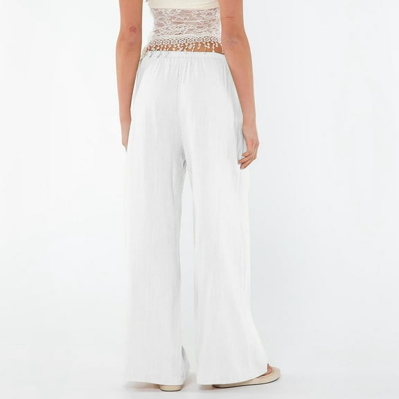 Charella Womens Linen Pants Wide Leg Elastic Waist Casual Loose Drawstring Trousers Solid Color Pants (L, Beige)