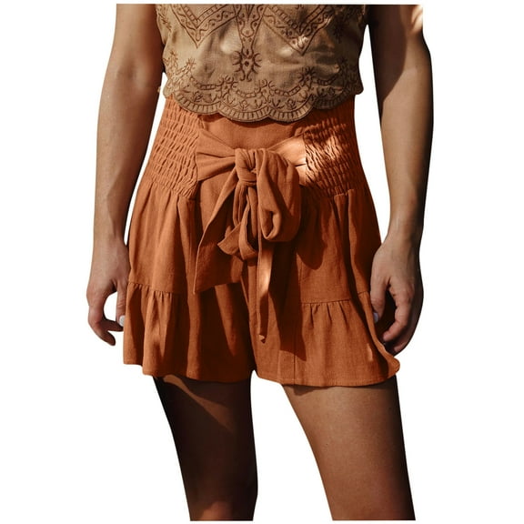 Charella Womens Linen Shorts Wide Leg Tie Front Elastic Waist Casual Comfy Short Pants Lightweight Pants (M, Orange)