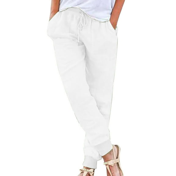 Charella Womens Linen Tapered Pants Drawstring Elastic Waist Casual Trousers with Pockets Lightweight Pants (2XL, White)