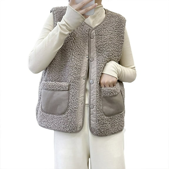 Charella Womens Sherpa Fleece Vest Oversized Winter Sleeveless Button Down Jacket Warm Cardigan Coat Vests with Pockets (Khaki XL)