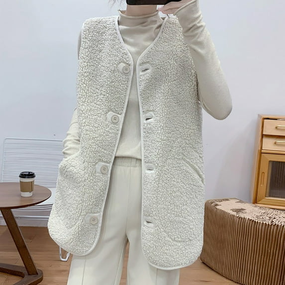 Charella Womens Sherpa Fleece Vest Sleeveless Button down Gilet Jacket Winter Warm Cardigan Coat with Pockets Beige,M