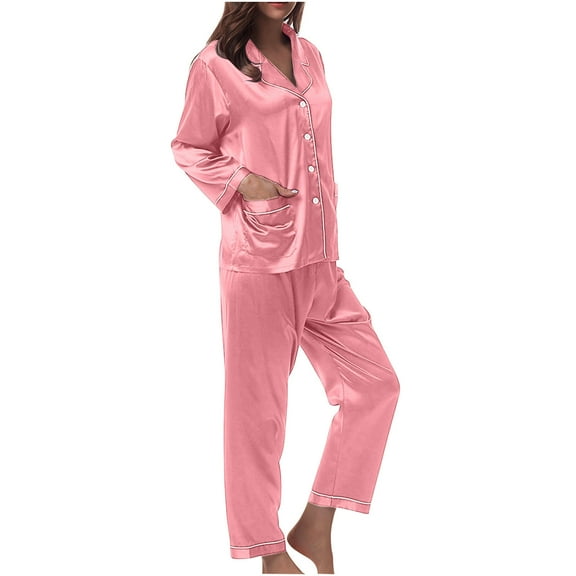 Charella Womens Silk Satin Pajamas Set Two-Piece Sleepwear Loungewear Button-Down Sets Pink_A,S