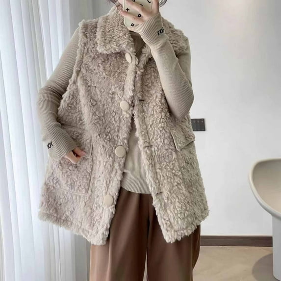 Charella Womens Soft Fleece Vest Casual Button Down Jacket Winter Warm Cardigan Coats with Pockets Khaki,S