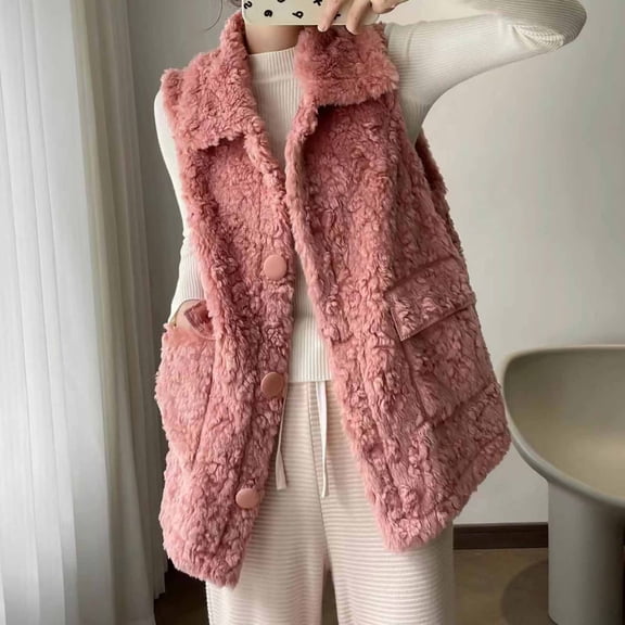 Charella Womens Soft Fleece Vest Casual Button Down Jacket Winter Warm Cardigan Coats with Pockets Pink,L