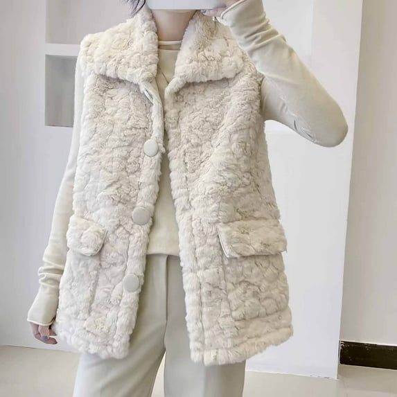 Charella Womens Soft Fleece Vest Casual Button Down Jacket Winter Warm Cardigan Coats with Pockets White,S