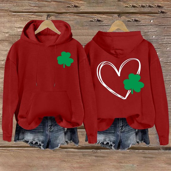 Charella Womens St. Patrick's Hoodies Vintage Long Sleeve Hooded Sweatshirt Red,10