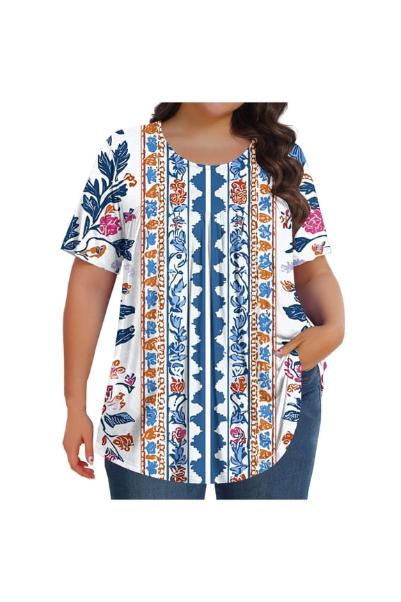 Womens Summer Plus Size Tops Crew Neck Pleated Flowy Basic Tee Gradient Color Short Sleeve Shirts Clothes (4XL, Blue 1)