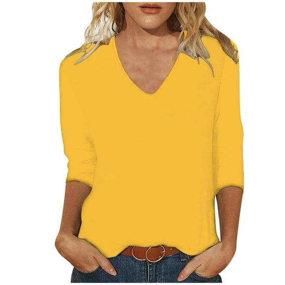 Charella Womens V-Neck Casual Fall Shirt Tops Solid Color Loose T-shirt 3/4 Sleeves Blouse Yellow,M