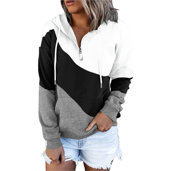 Charella Womens V-neck Long Sleeve Shirts Zipper Colorblock Sweatshirts Hoodies Pocket Tunic Tops with Drawstring Black,L